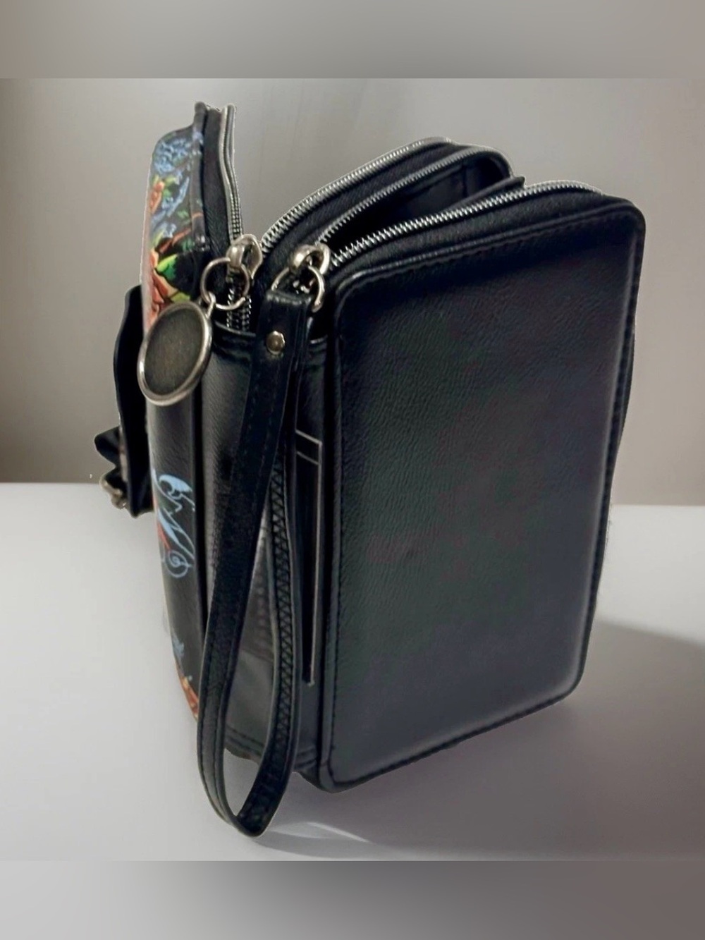 ED HARDY True Til Death Black Zip Wallet w Roses Tattoo Print Wristlet Crossbody - Picture 5 of 6